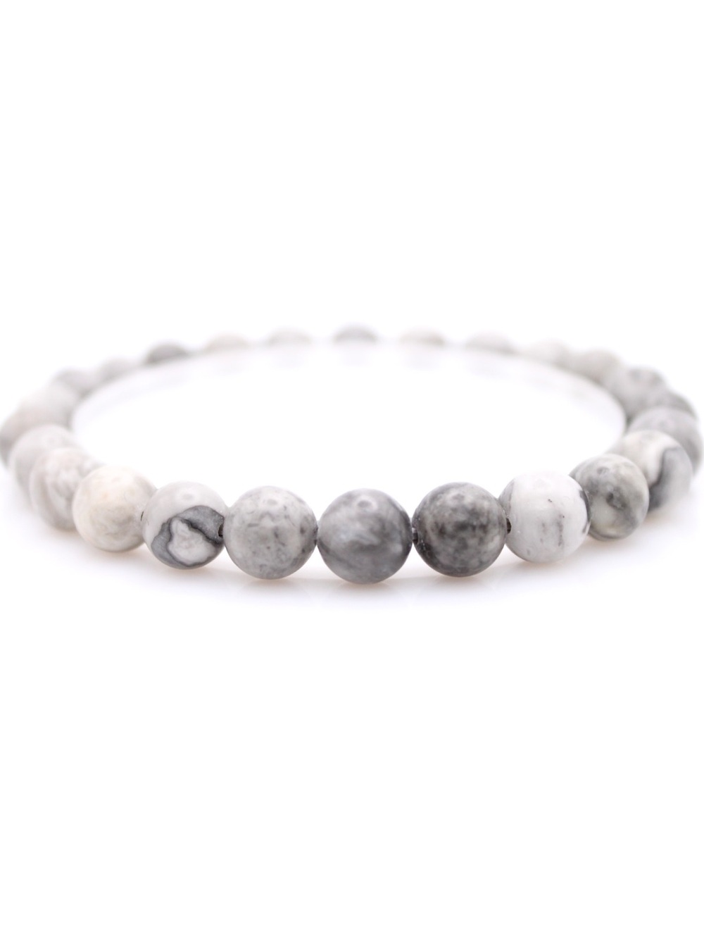 Natural Map Stone Bead Stretch Bracelet in Gray and White